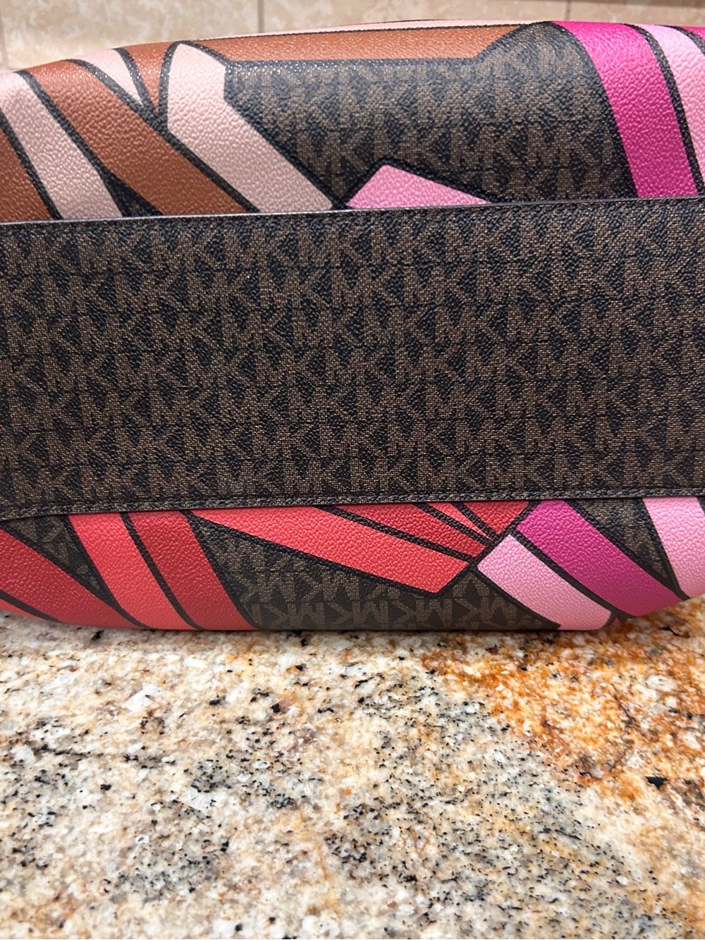 Michael Kors Brown Logo Tote with Pink & Red Geometric Print - Picture 2 of 5